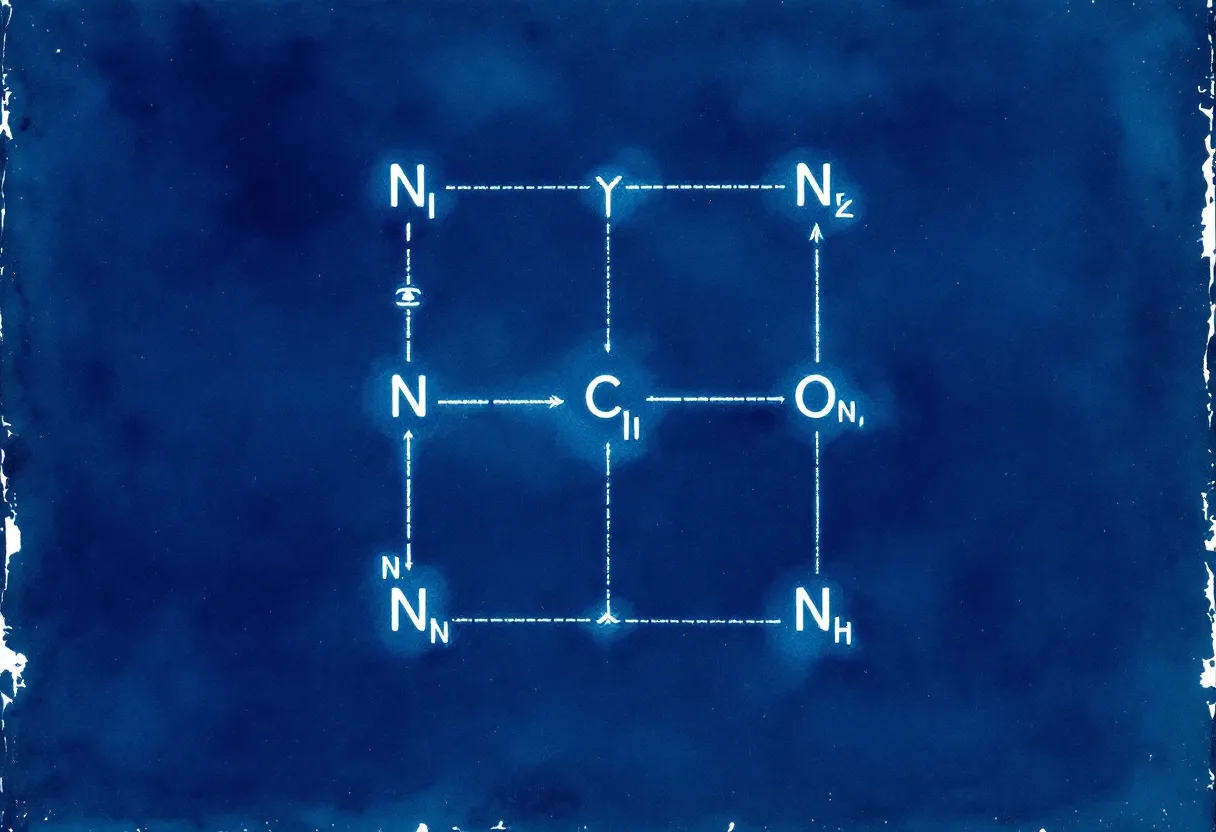 White line diagram of square-planar copper coordination on Prussian blue