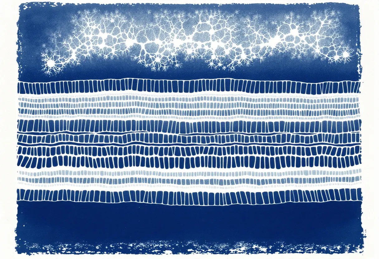 Cyanotype-style plate of parallel collagen fibrils with fibroblast silhouettes