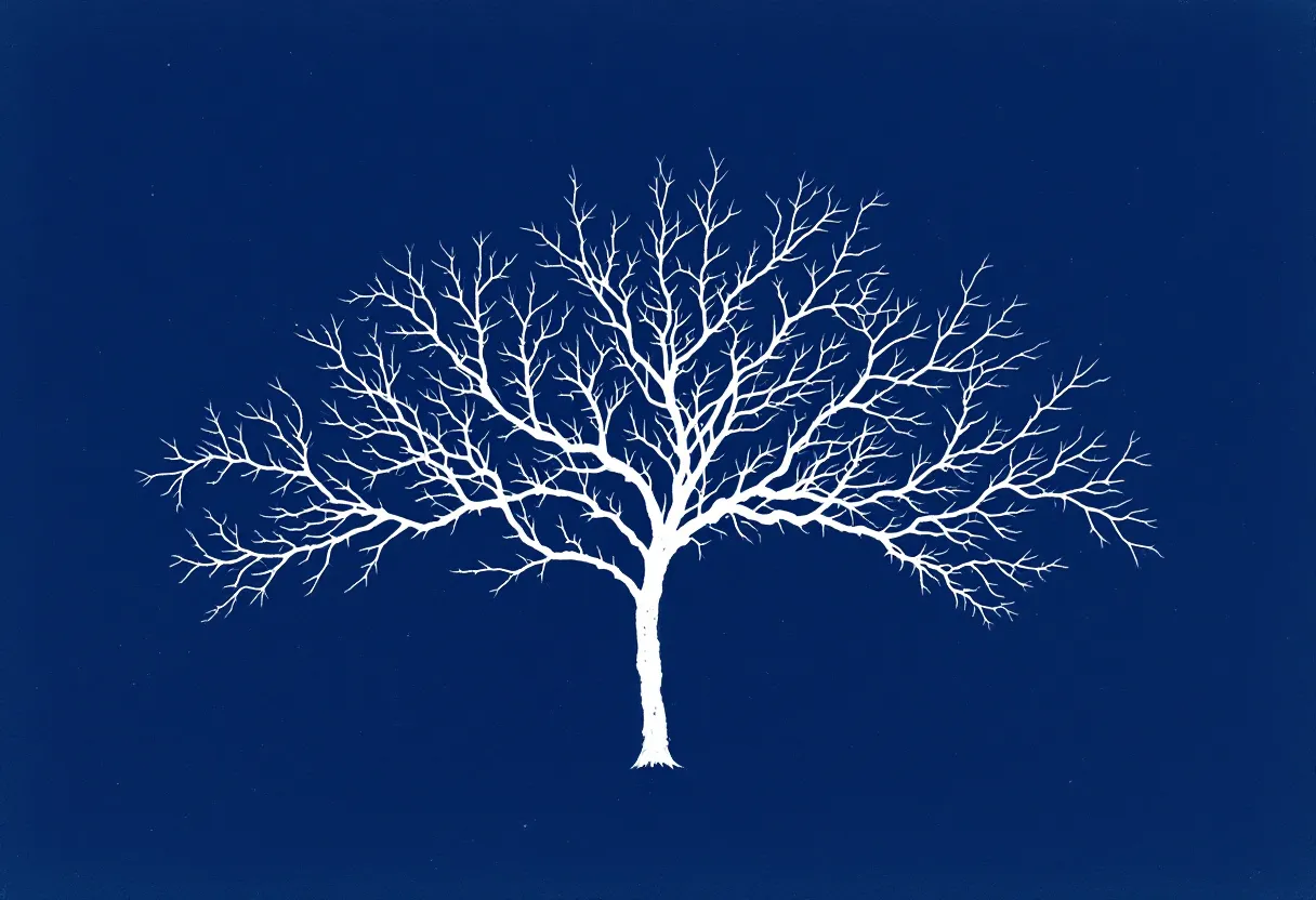 Cyanotype white branching capillary network with single copper accent