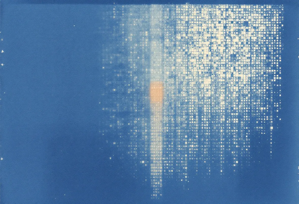 Cyanotype white tonal grid suggesting a gene-expression matrix on Prussian blue