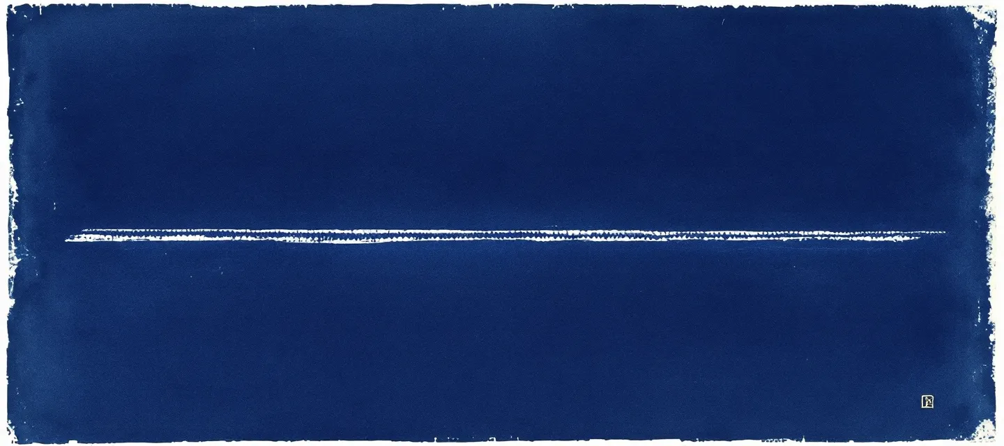 Cyanotype Prussian-blue band with single white rule and copper archival stamp
