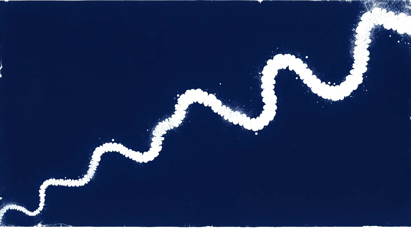 Cyanotype-style white silhouette of an abstract tripeptide chain on Prussian blue